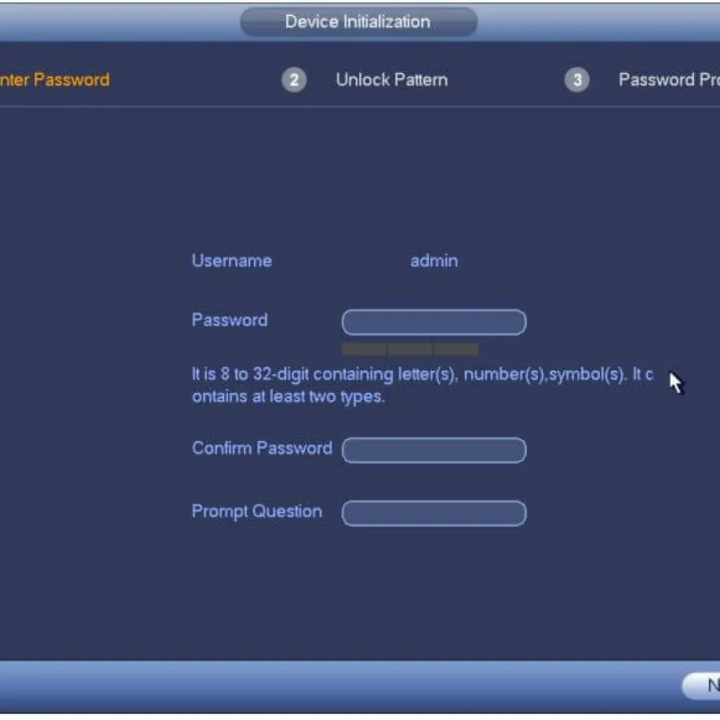 Dahua DVR Passwrod Setup Screen