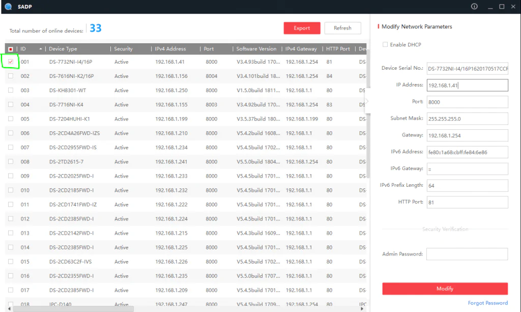 SADP tool hikvision password reset